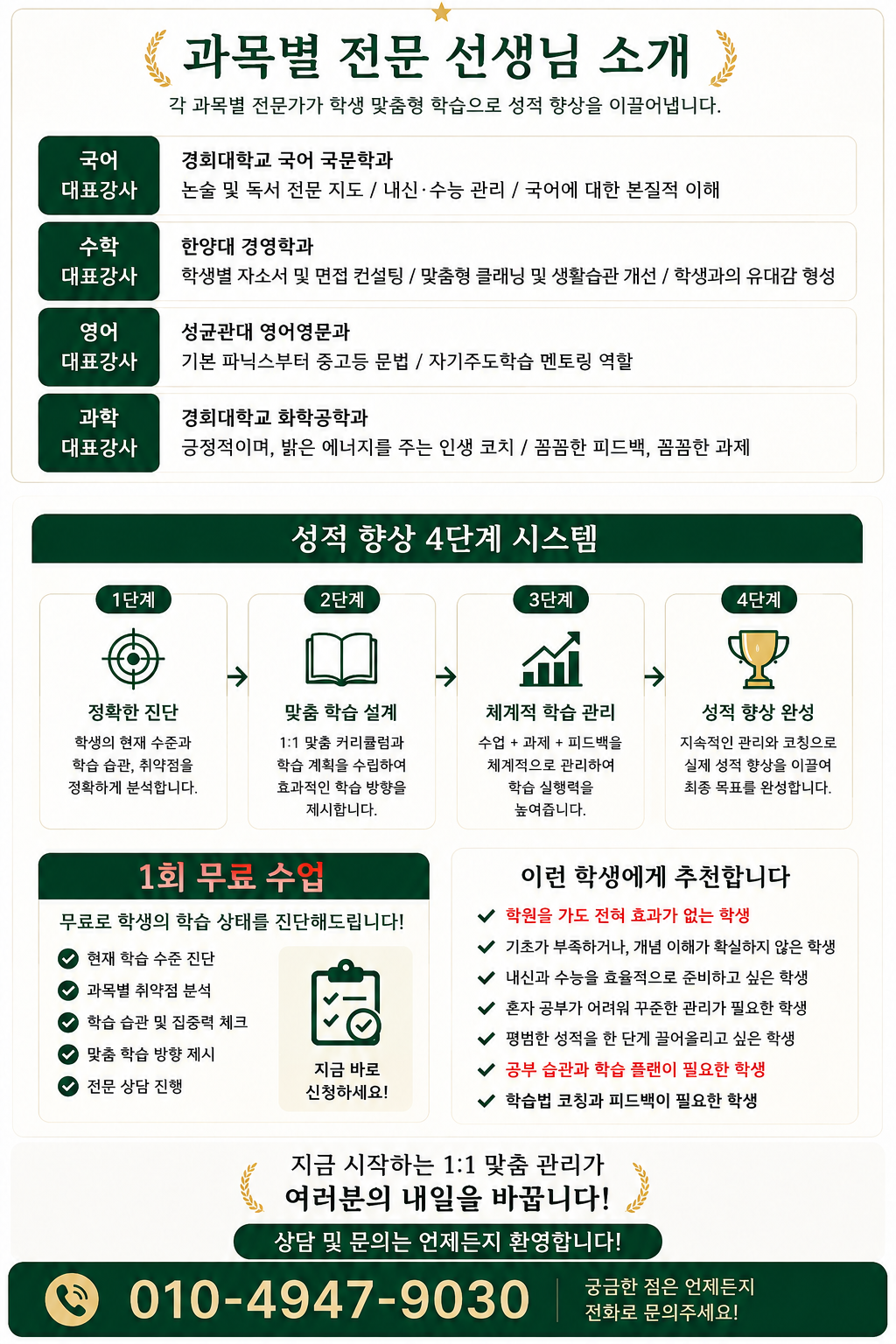 성적 향상 4단계 시스템과 무료 테스트 안내